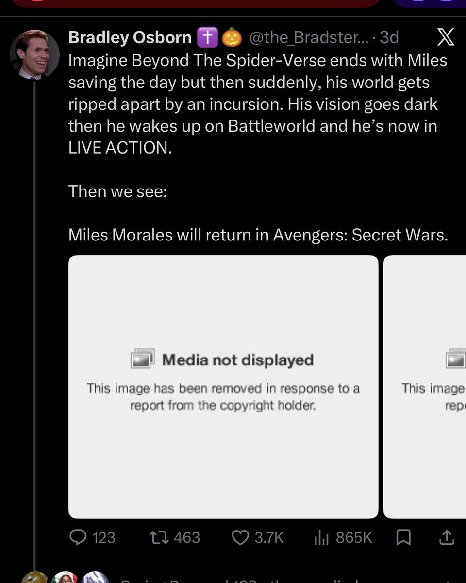 the_Bradster007's tweet photo. Guys…I got copyright striked for my theory about Miles Morales being connected to Secret Wars 😭😭 https://t.co/N1Zok2GLQl