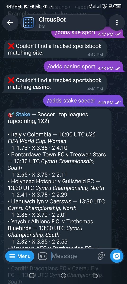 Seagcz's tweet photo. Just tested the @CircusFYIBot Telegram bot 👀

/odds stake soccer and it pulled live upcoming matches + 1X2 odds in seconds.

No digging through multiple pages. Just ask. https://t.co/4gKYNNiDjk