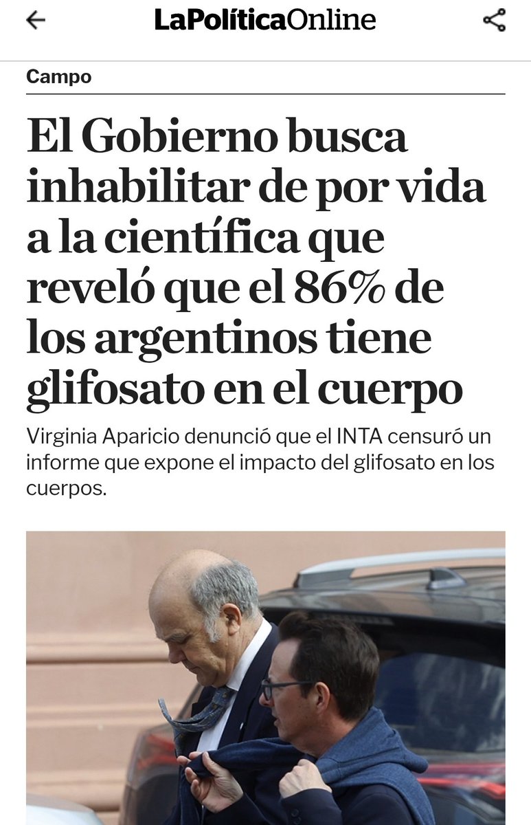 BiondiniCesar's tweet photo. Denuncian que los libertarios que hoy controlan el INTA lanzaron una feroz persecución contra una investigadora por revelar que el 86% de la población argentina está afectada por el glifosato.
Virginia Aparicio será sumariada y exonerada por defender un informe que golpea de lleno al negociado de los agroquímicos.
La dictadura de las corporaciones.
