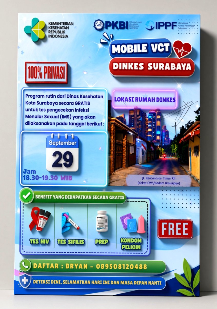 PrEP_Surabaya's tweet photo. AKSES OBAT PENCEGAH HIV (PrEP) Gratis dari DINKES SURABAYA

HARI SELASA, yg mau kudampingi daftar by WA ya https://t.co/btUQDWsaRc
ayok DICEGAH sebelum terpapar, jgn nunggu gejala ya guys. 100% PRIVASI
#gaysurabaya #vctsurabaya #tesvctsurabaya #PrEPSurabaya https://t.co/VPKQIiliiZ