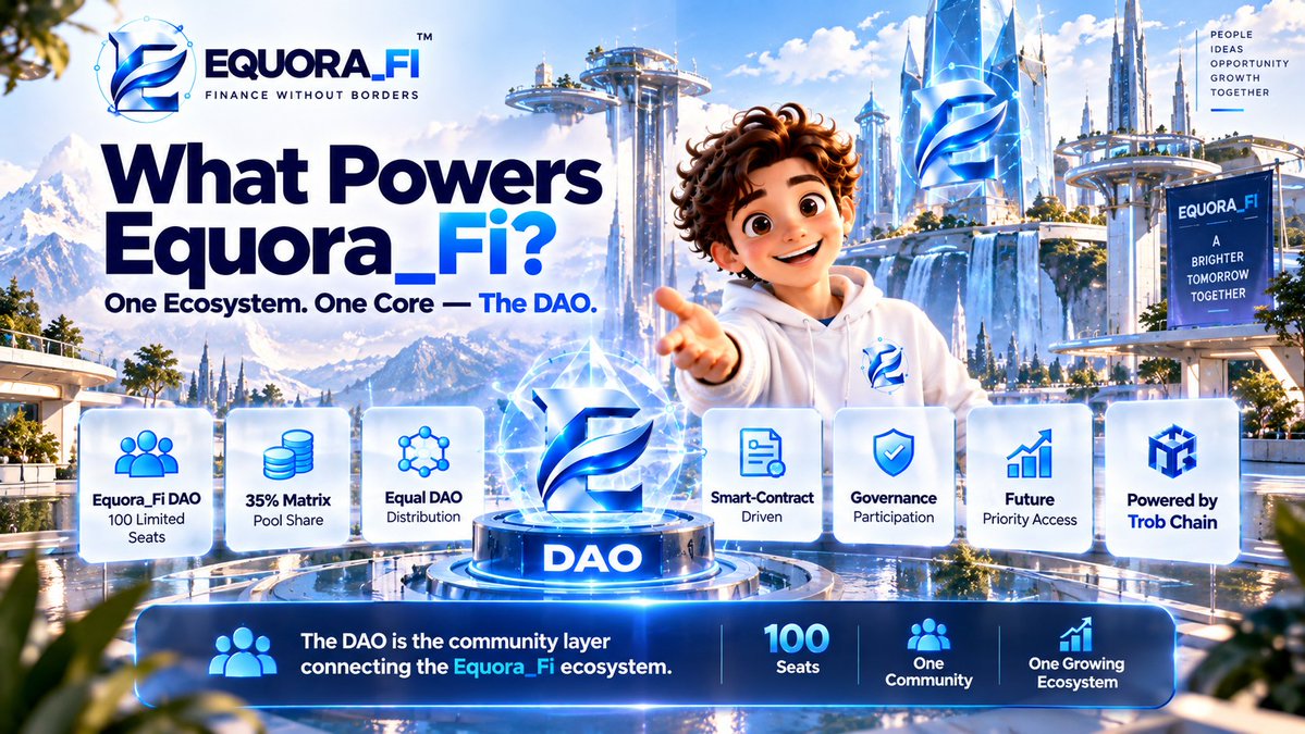 EquoraFi's tweet photo. 🚀 What Powers Equora_Fi 👀

One Ecosystem. One Core — The DAO

🔹 Equora_Fi DAO — 100 limited seats
🔹 35% Matrix Pool Income
🔹 Equal DAO Distribution
🔹 Smart-Contract Driven
🔹 Governance Participation
🔹 Future Priority Access
🔹 Powered by Trob Chain

💙 The DAO is the community layer connecting the Equora_Fi ecosystem.

100 Seats. One Community. One Growing Ecosystem..🔥