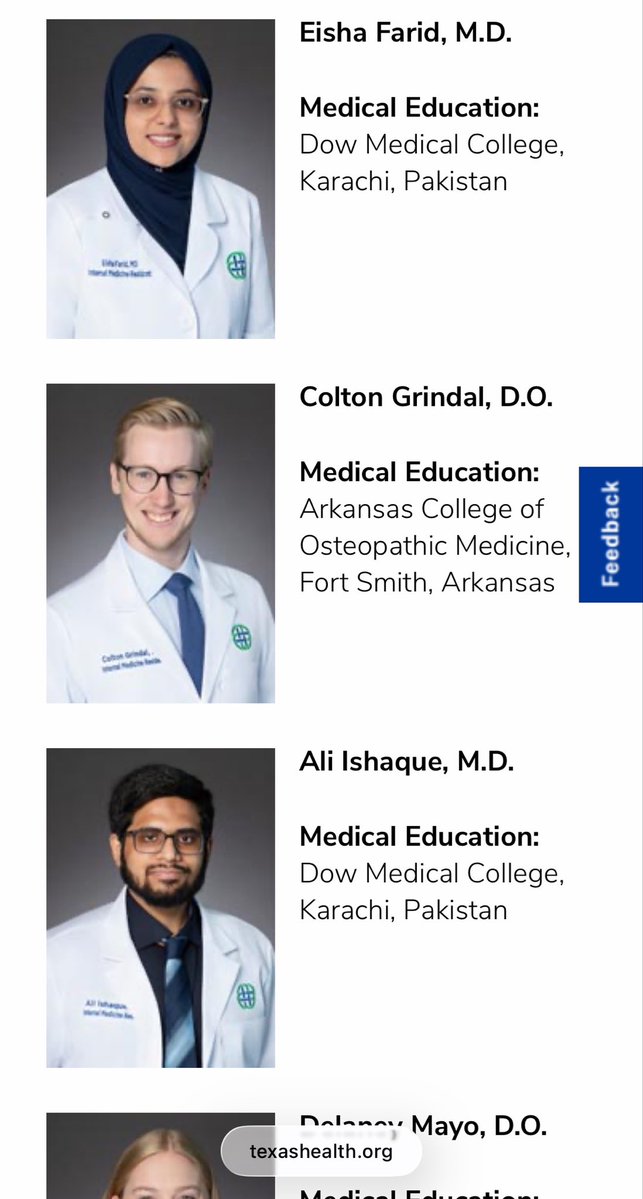 PlumbNick's tweet photo. Something changed at Texas Health HEB/Denton.

Among its current Internal Medicine residents, graduates of Pakistani medical schools make up:

PGY-3: 5 of 20 = 25%
PGY-2: 3 of 19 = 16%
PGY-1: 13 of 21 = 62%

The newest class isn’t just more international, nearly two-thirds of the entire class attended medical school in Pakistan.

Maybe this is what happens when an Abbott-appointee simultaneously serves as U.S. coordinator for an initiative of Pakistan’s Ministry of Planning.