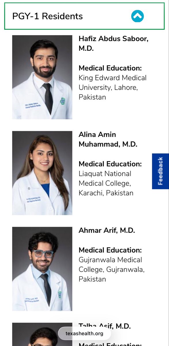 PlumbNick's tweet photo. Something changed at Texas Health HEB/Denton.

Among its current Internal Medicine residents, graduates of Pakistani medical schools make up:

PGY-3: 5 of 20 = 25%
PGY-2: 3 of 19 = 16%
PGY-1: 13 of 21 = 62%

The newest class isn’t just more international, nearly two-thirds of the entire class attended medical school in Pakistan.

Maybe this is what happens when an Abbott-appointee simultaneously serves as U.S. coordinator for an initiative of Pakistan’s Ministry of Planning.