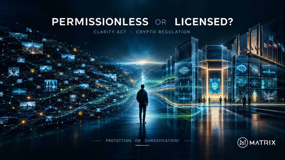 MatrixAINetwork's tweet photo. Unpopular opinion:
the CLARITY Act failing is the most bullish thing that happened to crypto this month.
A clean federal framework doesn't protect you. It domesticates you.
It turns the one financial system that answers to no government into a licensed subsidiary of the one that just spent months arguing about it.
You wanted permissionless. Regulation is the opposite word.
Or am I romanticizing chaos? Go.
#crypto