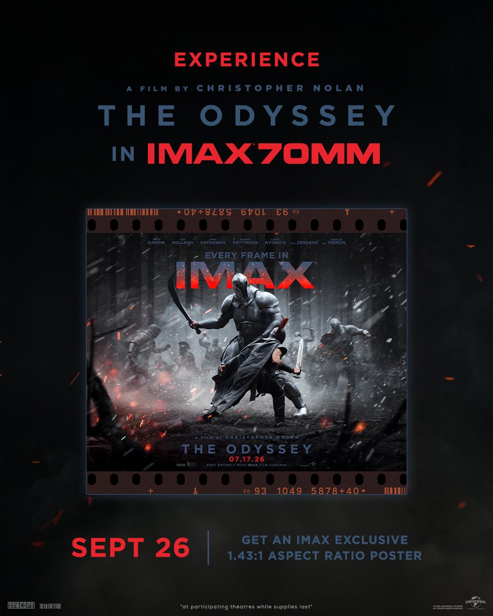 ChineseTheatres's tweet photo. ICYMI - This is the final weekend to experience #TheOdyssey in #IMAX 70mm Film!  

Receive an exclusive #IMAX poster when you see The Odyssey in @imax 70mm Film TODAY.  

Posters available while supplies last.  

Click to reserve your seats - https://t.co/6qtCECEjZv https://t.co/z5r6SctcQv