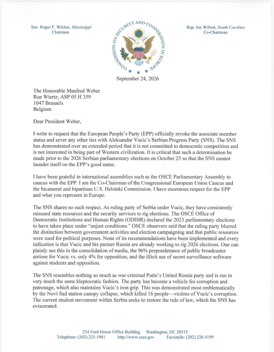 RepJoeWilson's tweet photo. I was grateful to send this letter to @EPP President @ManfredWeber. Vucic and his corrupt authoritarian party are opposed to western civilization and should not have any association with the EPP. Europe must wake up to the election rigging of Vucic and insist on Free and Fair Elections in Serbia.