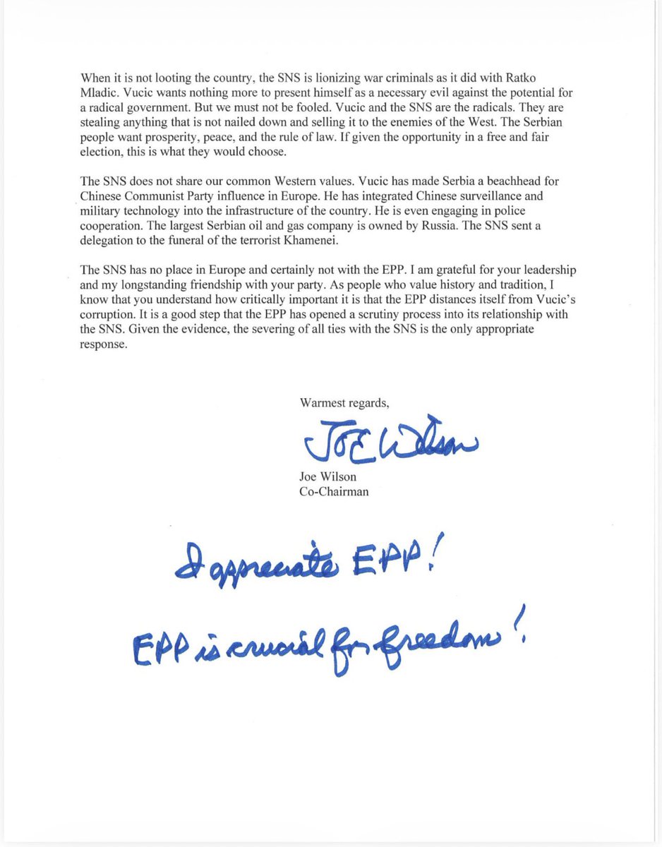 RepJoeWilson's tweet photo. I was grateful to send this letter to @EPP President @ManfredWeber. Vucic and his corrupt authoritarian party are opposed to western civilization and should not have any association with the EPP. Europe must wake up to the election rigging of Vucic and insist on Free and Fair Elections in Serbia.