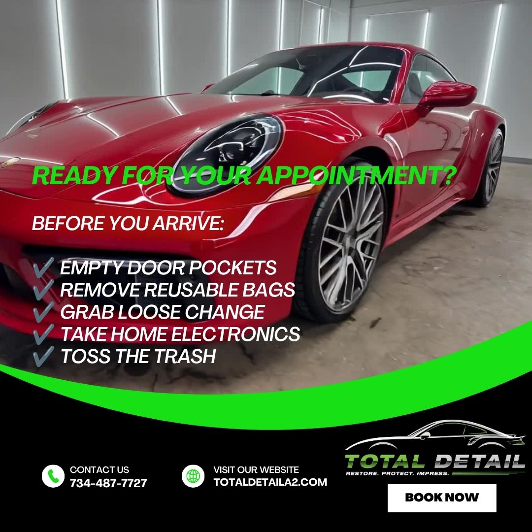 TotalDetailAA's tweet photo. Small prep. Big difference! 🚗✨ Emptying your vehicle for just 5 mins helps us clean better, work faster, and protect your belongings. It’s an easy way to enhance your detailing experience. Learn more: https://t.co/YTV8OLPICF https://t.co/Z5RAfJ3W3Z