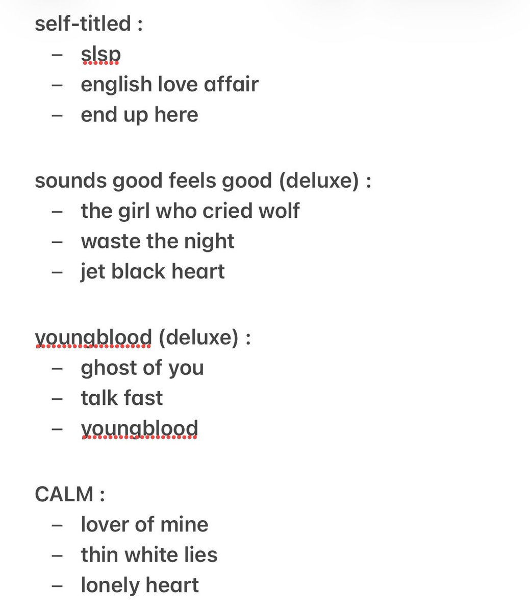 90spinktears's tweet photo. ranking is fun but let’s make it harder. you can only keep 20 songs from the entire 5sos discography : 3 per album + 2 songs total from the EPS and B-sides. i’m sooooo curious to see what everyone picks. here’s mine https://t.co/z69tK4IXe2