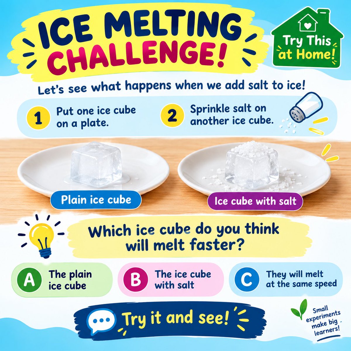 TracebloomL's tweet photo. 🧊🔬 Science Challenge!

Put one ice cube on a plate and sprinkle salt on another.

Which one will melt faster?

A — Plain ice
B — Salted ice
C — Same speed

🤔 Make your prediction, then try it!

👇 What’s your answer?

#ScienceForKids #ScienceExperiment #STEM #tracebloom https://t.co/XvuWAXPyc6