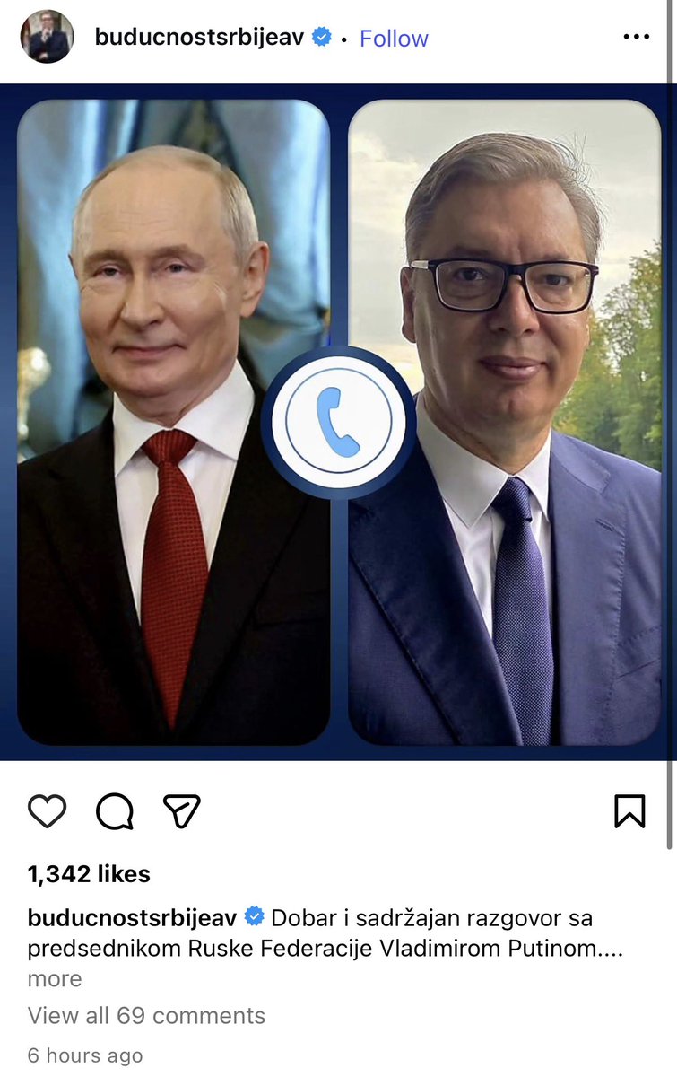 MarinikaTepic's tweet photo. Poslednjeg dana svog predsedničkog mandata Vučić je odlučio da Putinu referiše o pripremama za izbore u Srbiji. A onda njih dvojica zajedno poruče da je “nedopustivo spoljno mešanje u izborne procese”.

Pa šta je onda ovo?! Zašto predsednik Srbije poslednjeg dana pred svoju ostavku o pripremama za izbore u našoj zemlji polaže račune predsedniku Rusije? Šta je Putinu rekao o izborima što nije rekao građanima Srbije? Morao je još jednom da se baci u politički zagrljaj Kremlju i da pokaže gde traži podršku za ono što sledi.

Vučić sutra napušta predsedničku fotelju i vreme je da njegov sistem napusti Srbiju. Da bismo konačno izgradili evropsku Srbiju.