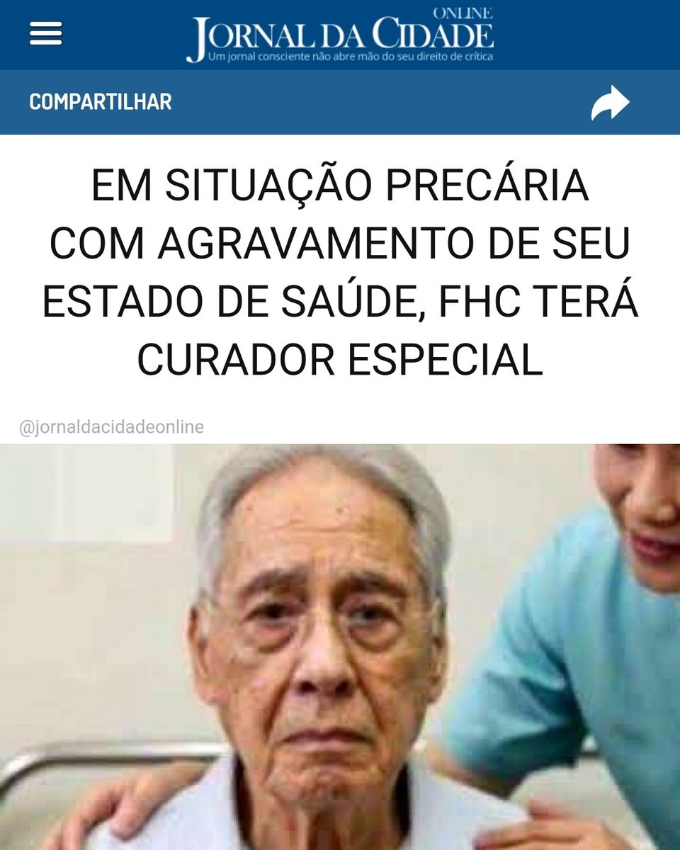 JornalDaCidadeO's tweet photo. EM SITUAÇÃO PRECÁRIA COM AGRAVAMENTO DE SEU ESTADO DE SAÚDE, FHC TERÁ CURADOR ESPECIAL

O ex-presidente Fernando Henrique Cardoso terá um curador especial para defender seus interesses no processo de interdição.

Aos 94 anos, FHC enfrenta um quadro avançado de Alzheimer.

Assim, em razão do agravamento de seu estado de saúde, ele está interditado por decisão da Justiça de São Paulo.

A curadoria especial ficará a cargo de um advogado que terá 15 dias para apresentar a defesa de FHC no processo de interdição.

O filho do ex-presidente, Paulo Henrique Cardoso, já exerce a curatela de FHC. O curador especial, por sua vez, terá atuação restrita ao processo de interdição e deverá defender exclusivamente os interesses do ex-presidente.

Uma médica foi nomeada para realizar a perícia na residência de FHC, em São Paulo. Após o exame, será avaliada a necessidade de uma entrevista com o ex-presidente.

A interdição de FHC contou com o apoio das filhas Luciana e Beatriz, além da companheira, Patrícia Kundrát.

Matéria do Jornal da Cidade Online