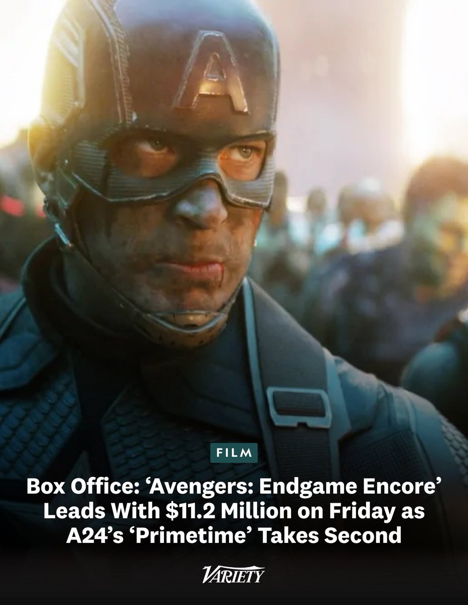 Variety's tweet photo. “Avengers: Endgame” is back on top at the box office — seven years later.

“Avengers: Endgame Encore” landed at No. 1 on Friday, making $11.2 million. By Sunday, the Marvel juggernaut should pull in around $26 million.

https://t.co/PNzZN5alMe https://t.co/AmkrWXQiKa