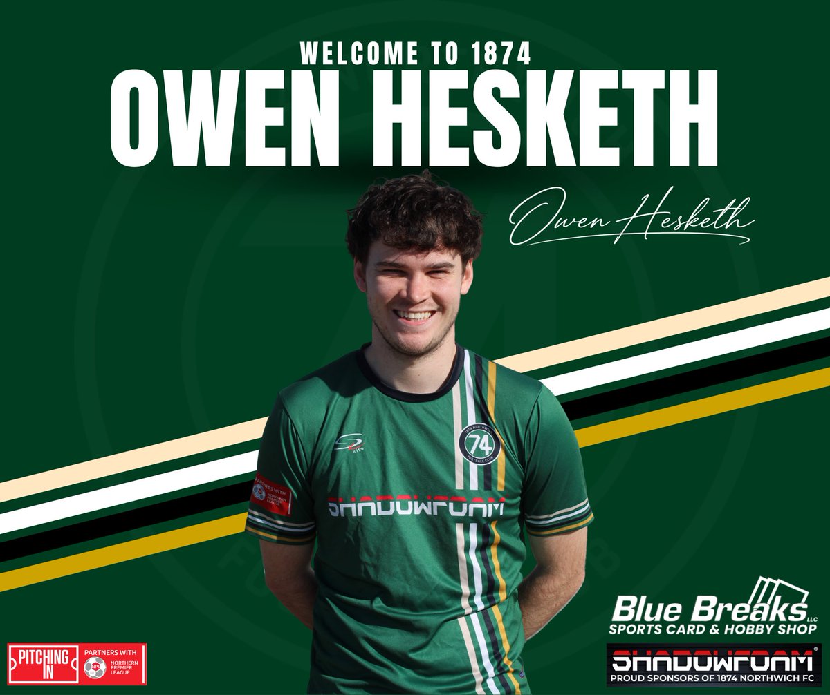1874Northwich's tweet photo. 👋 Welcoming Owen Hesketh to the club!

We’re thrilled to announce the capture of creative midfielder Owen to 1874 Northwich!

Owen, most recently with Congleton Town. Boasts a great football pedigree with Manchester City and Wolves.

Lets do this, Owen! 🤝

#WeAre74 https://t.co/5UCXxqHdON
