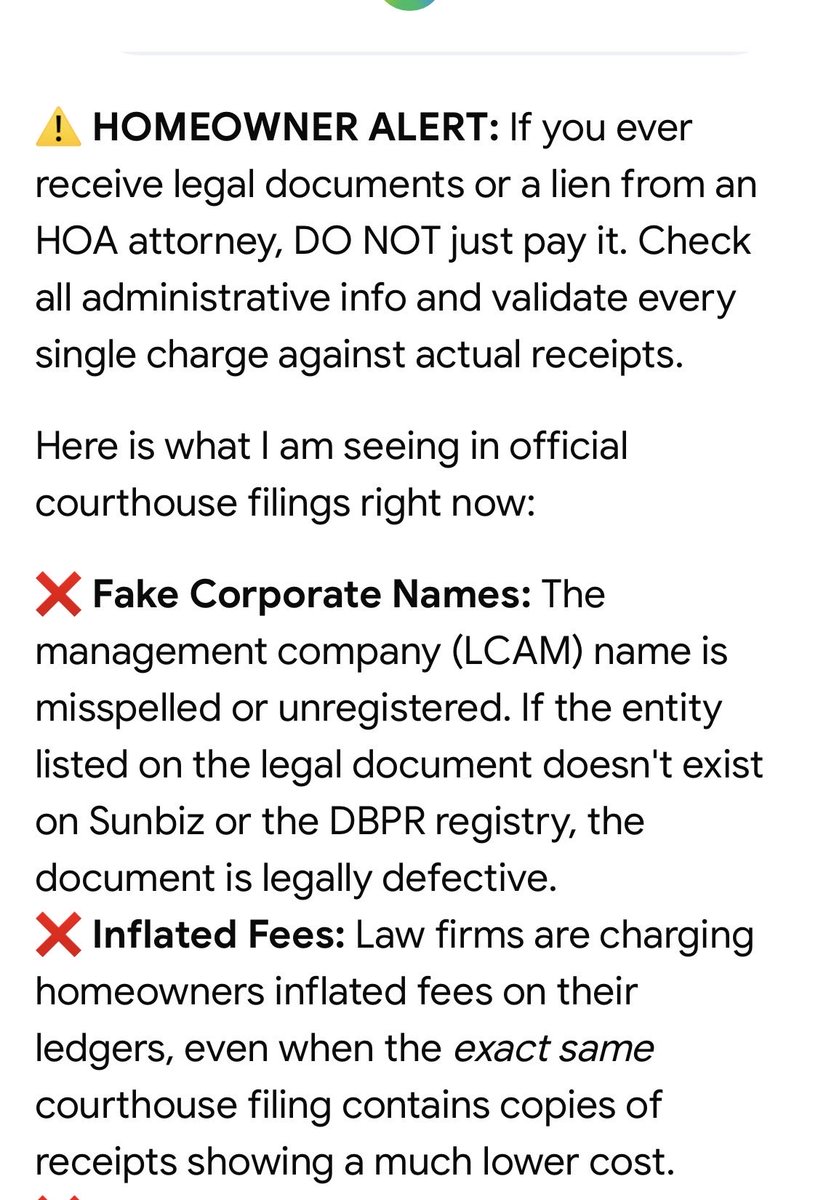 tk97813's tweet photo. Beware: if you ever received legal documents from HOAs attorney, check all admin info and validate all charges with reciepts.
What I’ve seen in legal documents:
-Incorrect/ unregistered/ unlicensed LCAM - name misspelled/ therefore does not exist
-Inflated fees even though same courthouse filing has copies of receipts
-No contractual agreement on file, so where are attorney fees agreed upon?
-LCAM/HOA contact has one price but charges at higher price

#FloridaRealEstate #PropertyRights #HOA