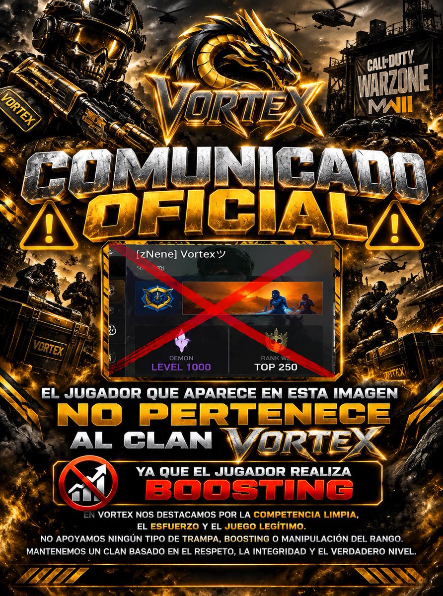 Vortex0fmf's tweet photo. Comunicado oficial ! 
Queremos dejarle saber que esta persona no tiene nada que ver relacionado a nuestro clan vortex  .. ya que a esta persona por lo que miramos se le cachó haciendo boosting  solo queremos aclarar nuestro punto.. #warzone #callofduty https://t.co/Adt1wWy5BO