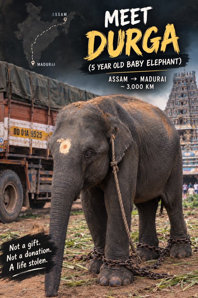 KanyaaKaushik's tweet photo. A 3,000-km journey is a huge change for a young elephant.
Before discussing the destination, shouldn't the public be able to see the complete chain of records establishing her identity, ownership, parentage and welfare assessment?
#verifythefive #StopElephantCaptivity https://t.co/tojI908yIY