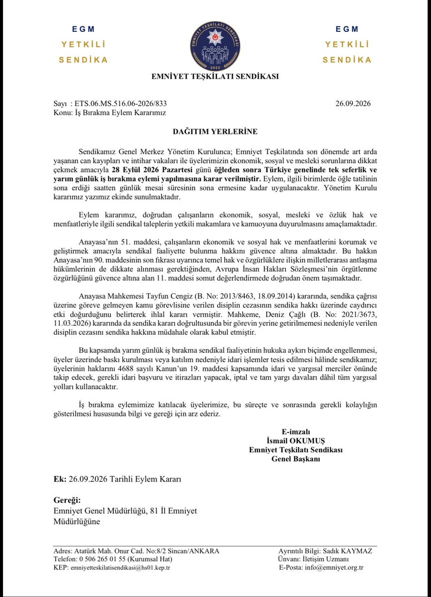 EmniyetTS's tweet photo. ARTIK YETER! TÜRKİYE GENELİNDE İŞ BIRAKIYORUZ!

Geçtiğimiz hafta Bursa ve İstanbul’da görev yapan Yardımcı Hizmetler Sınıfına mensup iki üyemiz intihar girişiminde bulunmuş, tedavileri hâlen devam etmektedir. Son beş günde 7 emniyet teşkilatı mensubu intihar ederek hayatını kaybetmiştir. Geçtiğimiz yıl ise 5 üyemizi aynı acıyla yitirdik.

Dün ise emekli bir emniyet teşkilatı mensubu, ülkemizin en yüksek yargı organı Anayasa Mahkemesi önünde “Para için değil, onurumuz için.” diyerek yaşamına son vermiştir.

Bu tablo artık görmezden gelinemez !

Yıllardır çözülemeyen ekonomik ve sosyal sorunlar, ağır çalışma şartları, mobbing, emeklilikte yaşanan ciddi gelir kaybı, özlük haklarındaki eşitsizlikler ve geleceğe ilişkin belirsizlikler teşkilat mensuplarımız üzerindeki yükü her geçen gün ağırlaştırmaktadır. 

Birinci dereceye ulaşan kamu görevlilerinin tamamını kapsayacak 3600 ek gösterge düzenlemesi beklentisi karşılanmamış, Yardımcı Hizmetler Sınıfının sorunları çözülememiş, eşit işe eşit ücret sağlanamamış, toplu sözleşme masasında Emniyet Teşkilatı görmezden gelinmiş, Emniyet Meslek Kanunu yıllardır hayata geçirilememiştir. Teşkilatımızın, mensuplarımızın ve üyelerimizin sorunlarının çözümü tabanla iletişimden geçmektedir. Ancak hiçbir somut adım atılmadığı ortadadır.

Görevdeki personel geçim mücadelesi verirken emeklilerimiz de ağırlaşan ekonomik şartlarla karşı karşıyadır. 5510 sayılı Kanun kapsamındaki 2008 sonrası göreve başlayan teşkilat mensuplarımızı ise emeklilikte açlık sınırının altında bir gelir ve çok daha zor bir emeklilik yaşamı  beklemektedir.

Artık yalnızca sorunları sıralama değil, sesimizi hep birlikte duyurma zamanıdır. Emniyet Teşkilatı Sendikası Yönetim Kurulu olarak , yaşanan can kayıplarına, ekonomik ve sosyal sorunlara, mobbinge, özlük haklarındaki kayıplara ve yıllardır çözülemeyen sorunlara dikkat çekmek amacıyla;

28 EYLÜL PAZARTESİ GÜNÜ ÖĞLEDEN SONRA

TÜRKİYE GENELİNDE İŞ BIRAKIYORUZ!

Çünkü esas olan insan hayatıdır, onurdur, emektir, huzurdur , gelecektir.

Bu eylem ; teşkilatımızın onuru, teşkilat mensuplarımızın yaşam hakkı, emeği ve geleceğimiz içindir.

EMNİYET TEŞKİLATI SENDİKASI
YÖNETİM KURULU

https://t.co/2DzpgIpIxm

@RTErdogan @tcbestepe 
@mustafaciftcitr @TC_icisleri 
@ValiFidan  @EmniyetGM