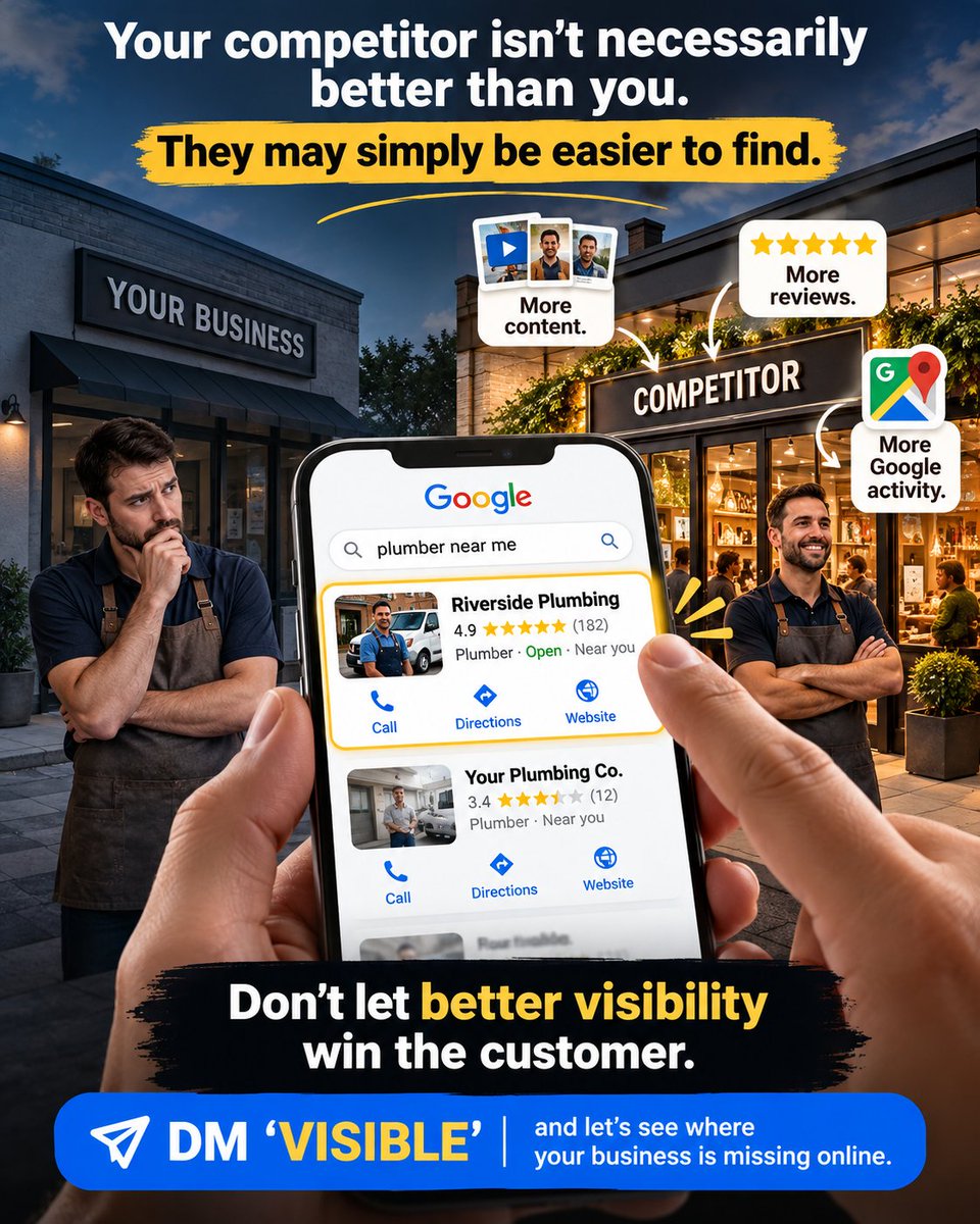 visionfront_ai's tweet photo. Your competitor may not be better—they may simply be more visible online. More content, reviews, and Google activity can help them get found first. 

Don’t let visibility cost you customers. Comment "VISIBLE" to get your free brand visibility report. https://t.co/QxrC8Rfizd