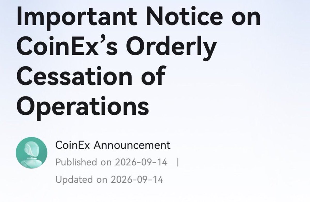 RobynHlD_'s tweet photo. 🚨 Krypto-Börse CoinEx stellt den Betrieb ein!

Nach neun Jahren wird CoinEx am 22. Dezember 2026 endgültig schließen.

Laut Gründer seien die Sicherheits- und Compliance-Risiken beim Betrieb einer Krypto-Börse inzwischen zu groß geworden: „Unbegrenztes Risiko für begrenzte https://t.co/woWr2NcotT
