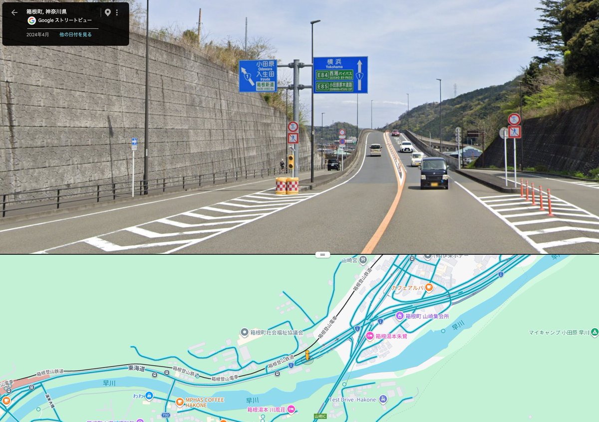 kuracom's tweet photo. 箱根湯本から国道1号線で横浜方面に進む時、
(1) 標識に従って右車線の陸橋へ進み、
(2) 陸橋を下りた後に青看板に注目して小さい文字の黄色い看板を見落としてしまい右車線を維持してトンネルをくぐると、
(3) 左車線へ変更することができず、
(4) 修正できず有料道路へ吸い込まれるという罠がある https://t.co/z8WAy5ZYiX