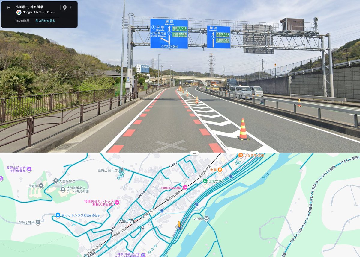 kuracom's tweet photo. 箱根湯本から国道1号線で横浜方面に進む時、
(1) 標識に従って右車線の陸橋へ進み、
(2) 陸橋を下りた後に青看板に注目して小さい文字の黄色い看板を見落としてしまい右車線を維持してトンネルをくぐると、
(3) 左車線へ変更することができず、
(4) 修正できず有料道路へ吸い込まれるという罠がある https://t.co/z8WAy5ZYiX