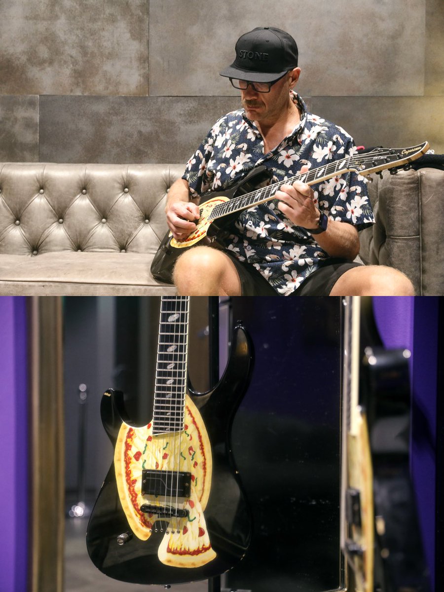 kseofficial's tweet photo. 📸 👉🏻 There’s EVH’s “Frankenstrat,” Hendrix’s “Monterey” Stratocaster, and Randy Rhoads’ polka dot Flying V BUT THEN there’s Adam D.’s “Pizza” Caparison—a guitar so damn tasty you can eat it! It’s been getting a workout this summer and this tour is no exception. Did anyone grab a hot slice off it last night in Bonner?!?! Keep your 👀 peeled for 🍕🎸 in the shows to come. Spokane? You’re next. Portland, Seattle, and Aftershock as well. LFG!!! 🔥 / 📹+📸: @manalivecreative