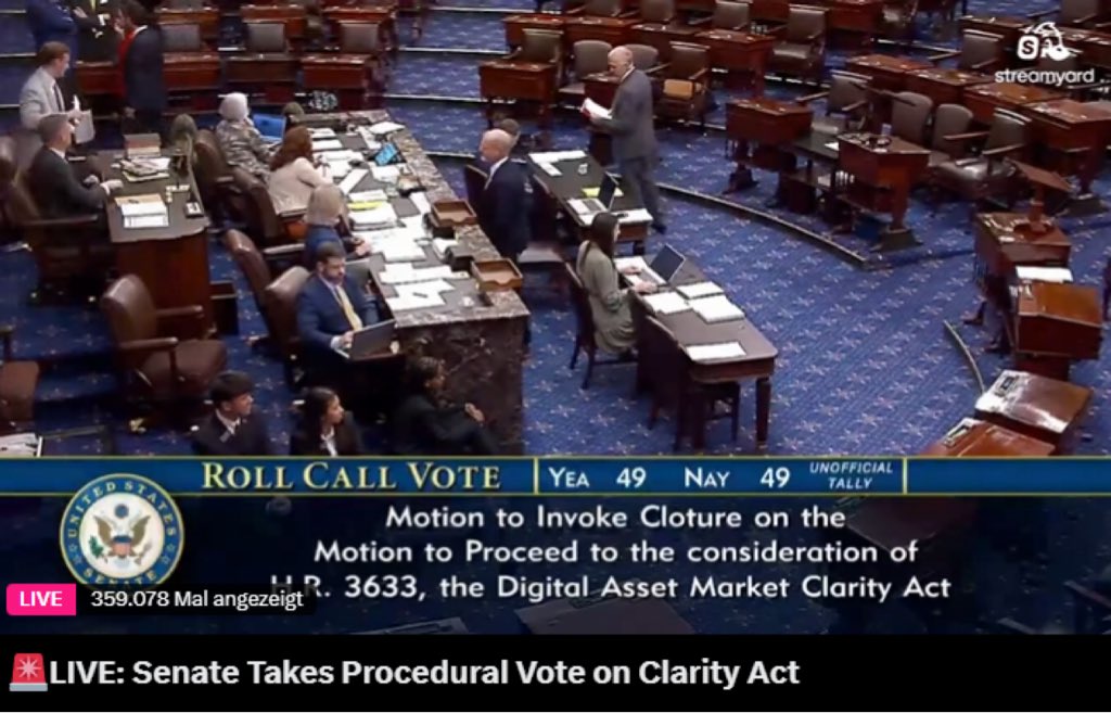 RobynHlD_'s tweet photo. Wir waren Live dabei, der CLARITY Act scheitert heute offenbar bereits an der ersten Hürde im US-Senat: Bei 49 Nein-Stimmen sind die nötigen 60 Ja-Stimmen für die weitere Beratung nicht mehr erreichbar.

Das Gesetz ist damit nicht endgültig vom Tisch, aber der heutige Anlauf https://t.co/jCYL6LlsRe