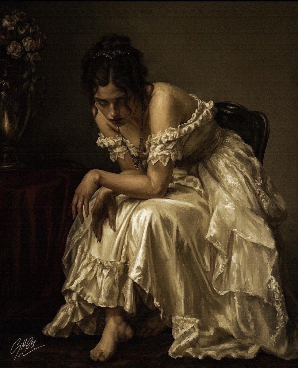 GodsWhisper777's tweet photo. Georgina M. Cox — Mammal in a Sunday Dress, 2026

At first glance, she looks like a woman posed for a traditional portrait—but her posture and expression feel distinctly feral. Cox plays with the tension between femininity and animal instinct, placing a seemingly refined “Sunday dress” against a guarded, almost predatory presence. The result feels like a portrait of a woman who has been dressed for civilisation but never quite surrendered her wildness.