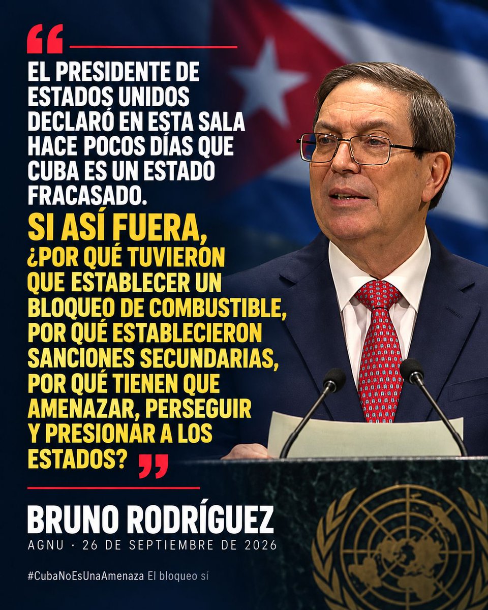 EVilluendasC's tweet photo. Hoy habló @BrunoRguezP en la Asamblea General de la ONU. Su desmontaje de las mentiras yanquis fue contundente: #CubaNoEsUnaAmenaza: el bloqueo sí; #Cuba no es un Estado fallido, sino uno asediado. Y reiteró que si nos agreden militarmente, ¡aquí no se rinde nadie! #CubaVencerá https://t.co/d41lSDLvGM