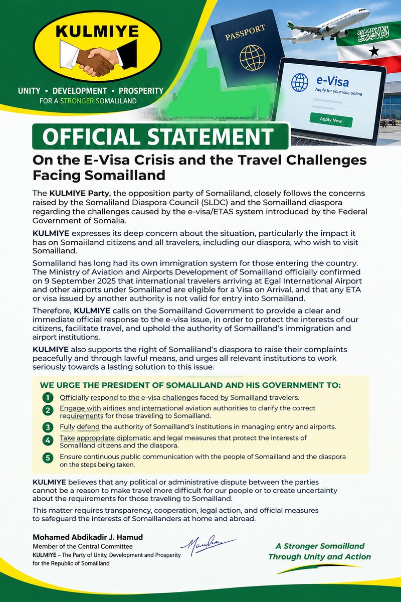 Mudanemaxamed's tweet photo. The KULMIYE Party strongly supports the @sldcglobalorg.
We express our deep concern over Somalia’s E-Visa regime, which creates serious challenges for Somaliland’s diaspora and travelers. this poses a serious threat to the sovereignty &amp; statehood of the Republic of Somaliland. 👇 https://t.co/esZPy5F2OY
