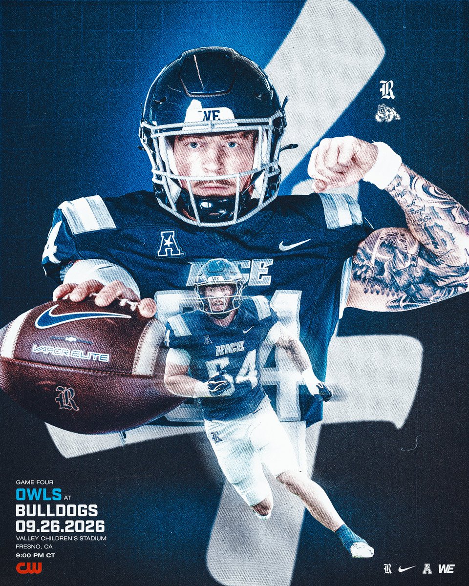 RiceFootball's tweet photo. GAME 4️⃣

🆚 Fresno St.
🗓️ Saturday, Sept. 26
🕛 9:00 PM CT
📺 @TheCW_Sports 

#WE | #ReptheR https://t.co/xO0ezapl1W