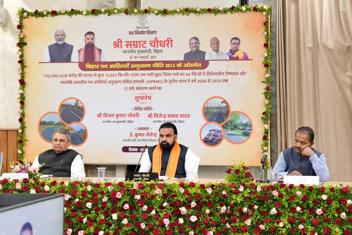 IPRDBihar's tweet photo. माननीय मुख्यमंत्री श्री सम्राट चौधरी जी ने आज मुख्यमंत्री सचिवालय स्थित 'संवाद' में 10590.5328 करोड़ रूपये की लागत से कुल 13033 किलोमीटर राज्य उच्च पथों एवं वृहद जिला पथों का 66 पैकेजों में दीर्घकालीन निष्पादन और उपलब्धि आधारित पथ आस्तियां अनुरक्षण संविदा प्रणाली (ओ०पी०आर०एम०सी०) के तृतीय चरण में वर्ष 2026 से 2033 तक (7 वर्षों) संधारण कार्य का शुभारंभ किया।

प्रत्येक किलोमीटर सड़क की स्थिति की नियमित निगरानी तथा मासिक रिपोर्टिंग सुनिश्चित करने का माननीय मुख्यमंत्री जी ने निर्देश दिया। उन्होंने कहा कि सड़कों के बेहतर रखरखाव से आवागमन सुगम एवं सुरक्षित होगा।

उन्होंने ओवरलोड वाहनों के परिचालन पर प्रभावी नियंत्रण तथा पुलों एवं सड़कों की सुरक्षा सुनिश्चित करने पर जोर दिया।

#samratchodhary 
#CMsamrat