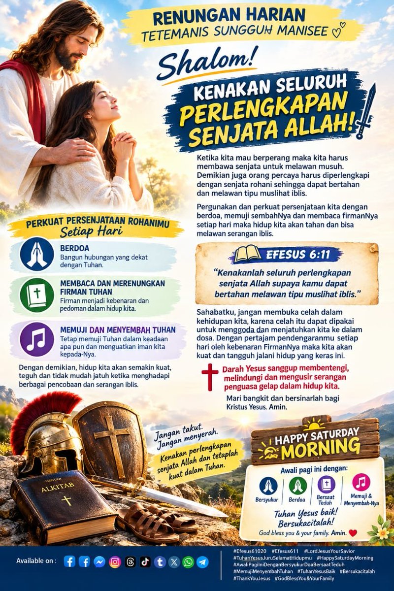 lemuel_marthen's tweet photo. RENUNGAN HARIAN TETEMANIS SUNGGUH MANISEE

Shalom! Kenakan seluruh perlengkapan senjata Allah!
.
#Efesus6:10-20
#Efesus6:11
#LordJesusYourSavior
#TuhanYesusJuruSelamatHidupmu
#HappySaturdayMorning
               https://t.co/FieJJ6sEkl https://t.co/8FLugGAfIM