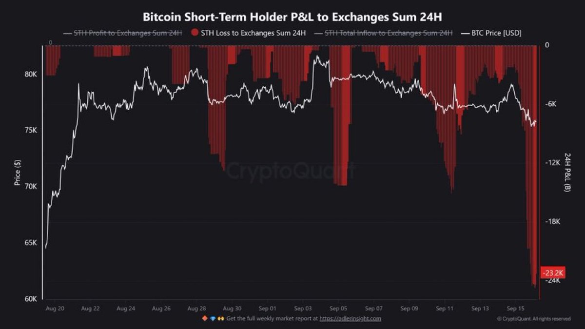 RobynHlD_'s tweet photo. Die wirklich entscheidende Phase beginnt erst heute, während Bitcoin-Anleger massive Verluste realisieren!

Kurzfristige Halter haben innerhalb von nur 24 Stunden Bitcoin mit einem Gesamtverlust von rund 23.200 BTC an die Börsen geschickt. https://t.co/66J7F4KySs