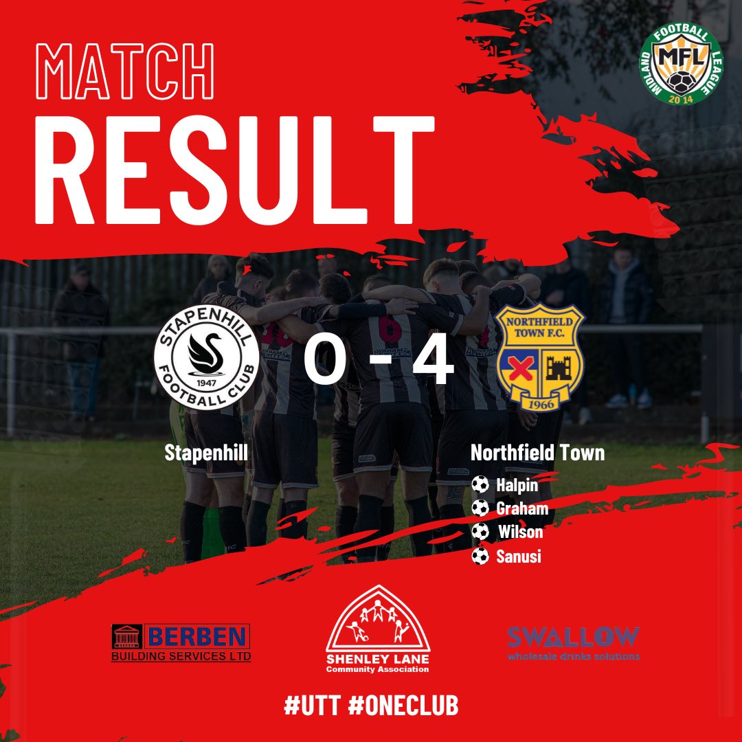NorthfieldTown's tweet photo. 🚨 𝗙𝗨𝗟𝗟 𝗧𝗜𝗠𝗘 𝗥𝗘𝗦𝗨𝗟𝗧 🚨

Town got back to winning ways with a 0-4 victory away at Stapenhill. Goals from Halpin, Graham, Wilson and Sanusi securing the 3 points 

#UpTheTown #oneclub 🖤🤍 https://t.co/6VdBSbHlyQ