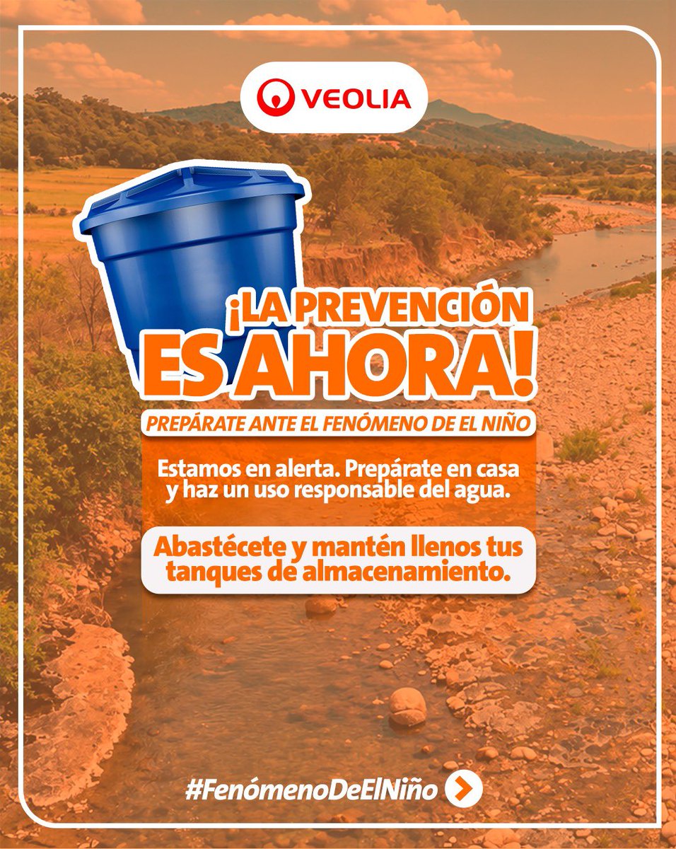 VeoliaAguasNS's tweet photo. 💧 ¡La prevención es ahora!

Ante la alerta naranja🟠por el Fenómeno del Niño, desde #VeoliaAguasDelNorteDeSantander Santander hacemos un llamado a nuestra comunidad: ¡Prepárate desde ya!

🏠 Mantén tus tanques llenos, limpios y tapados.
🚿 Evita el desperdicio y usa solo el agua que necesitas.
🔧 Repara las fugas.
💧 Cada gota cuenta.

La seguridad hídrica es un compromiso de todos. Desde nuestros hogares también podemos prepararnos y contribuir a enfrentar juntos los efectos del Fenómeno del Niño.

¡Prepárate, almacena correctamente y ahorra agua! Porque cuidar el agua es tarea de todos. 💧

@Veolia_Co @laopinion_col @CORPONOR #FenómenoDelNiño #Cúcuta #SeguridadHídrica #TransformaciónEcológica