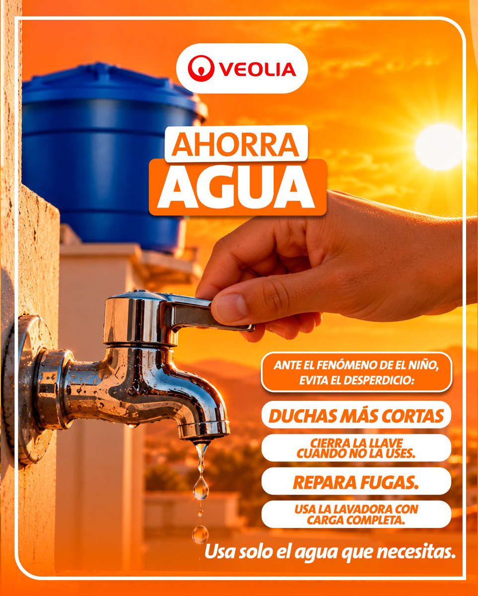 VeoliaAguasNS's tweet photo. 💧 ¡La prevención es ahora!

Ante la alerta naranja🟠por el Fenómeno del Niño, desde #VeoliaAguasDelNorteDeSantander Santander hacemos un llamado a nuestra comunidad: ¡Prepárate desde ya!

🏠 Mantén tus tanques llenos, limpios y tapados.
🚿 Evita el desperdicio y usa solo el agua que necesitas.
🔧 Repara las fugas.
💧 Cada gota cuenta.

La seguridad hídrica es un compromiso de todos. Desde nuestros hogares también podemos prepararnos y contribuir a enfrentar juntos los efectos del Fenómeno del Niño.

¡Prepárate, almacena correctamente y ahorra agua! Porque cuidar el agua es tarea de todos. 💧

@Veolia_Co @laopinion_col @CORPONOR #FenómenoDelNiño #Cúcuta #SeguridadHídrica #TransformaciónEcológica