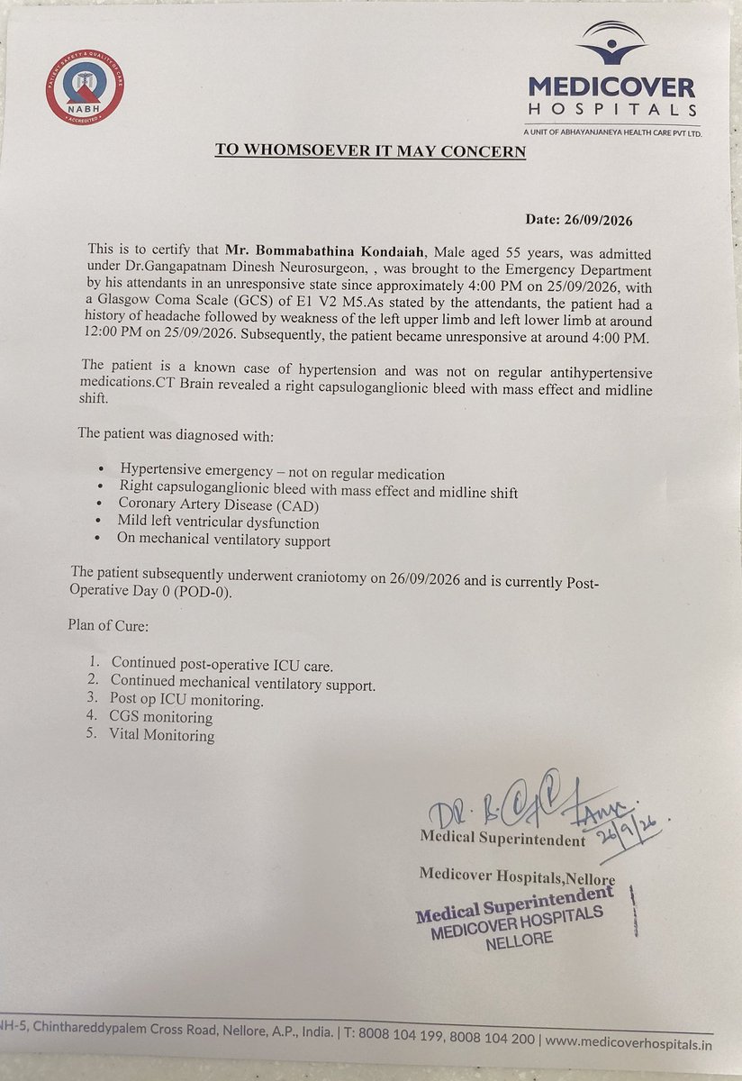 TrendsAlluArjun's tweet photo. 🚨 Urgent Medical Support Needed 

Our co-fan’s father, Mr. Bommabathina Kondaiah garu, is currently in critical condition and undergoing treatment at Medicover Hospitals, Nellore.

He is suffering from a brain hemorrhage (bleeding in the brain) that caused swelling and pressure. Required emergency brain surgery (craniotomy). He is currently in the ICU on ventilator support.

The family urgently needs financial support for his ongoing treatment 🙏.

Any contribution, big or small, can really helps them alot . Please donate and share. Every prayer matters. 🙏

Account Details :
Bank details : 736501502403
IFSC code: ICIC0007365
Banking name : Bommabathina Suneel
Phone pay number : 6300898087

@naralokesh @OfficeofNL