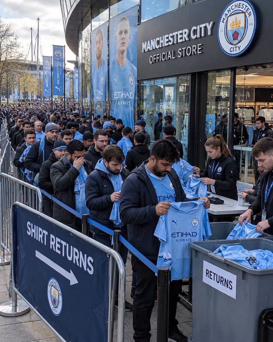 _shaunirvine's tweet photo. 🚨 BREAKING! Thousands of Manchester City fans are queuing up outside the club shop to return their shirts and go back to supporting their original clubs. #MCFC 😆 https://t.co/CIwtxu63WC