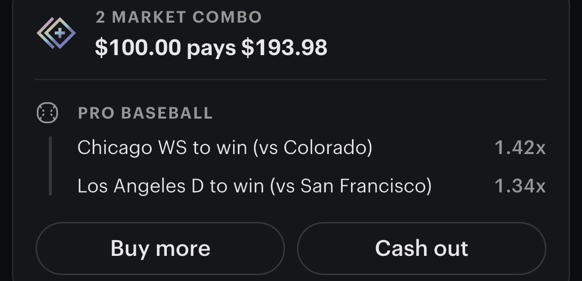Siquefwm's tweet photo. Just locked in this 2-leg MLB combo 🔥
$100 → $193.98

Chicago White Sox to beat the Rockies

Dodgers to take down the Giants

Let’s ride 💰

#Gambling𝕏 #SportsBetting #kalshi #MLB https://t.co/7YDsarDaPB