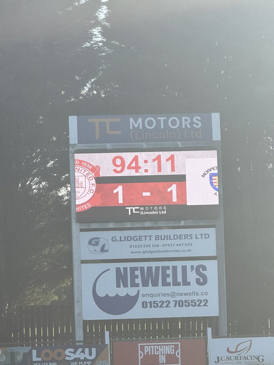 LincolnUnited's tweet photo. Final score here at the Sun Hat Villas and Resorts Stadium this afternoon v @MorpethTownAFC 1-1. Thank you to all of our support this afternoon, with a bumper crowd of 378. A decent game, pretty evenly matched. https://t.co/9yXBiCMP3r
