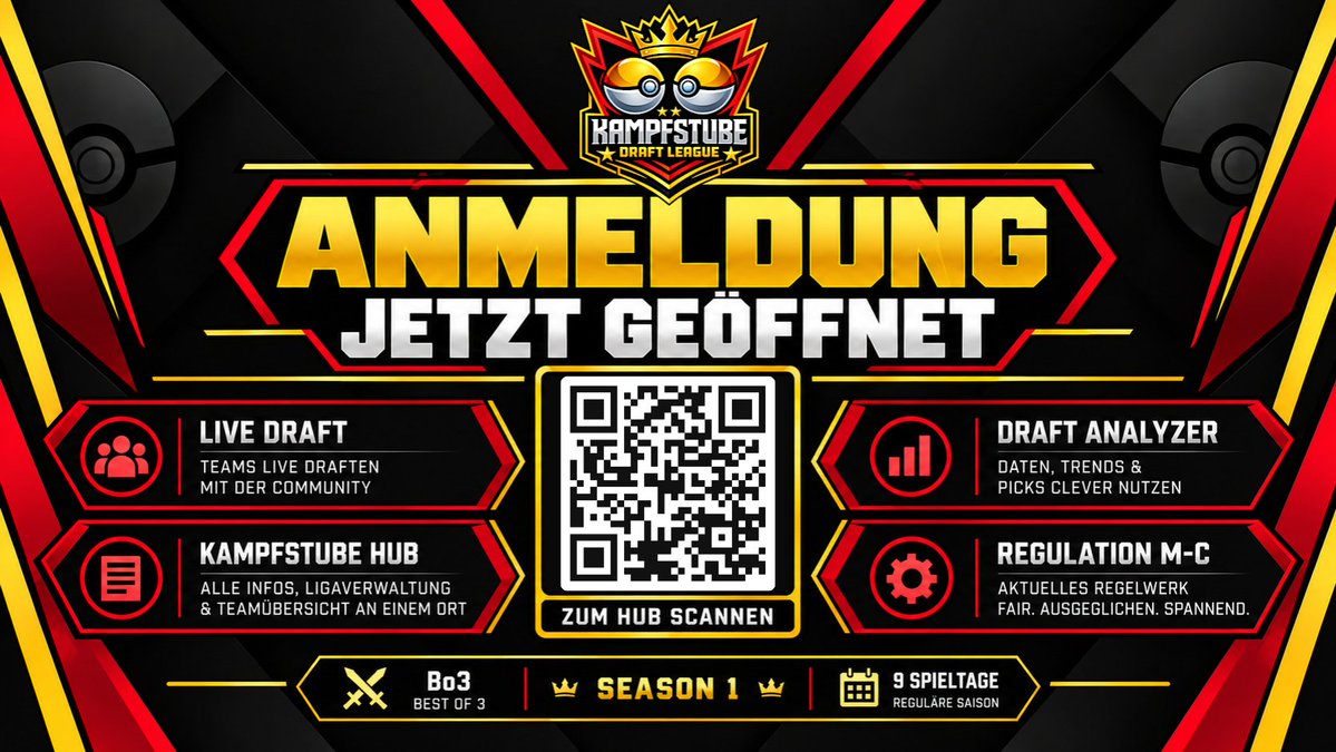 kampfstube's tweet photo. 👑 Kampfstube Draft League – Season 1
Die Anmeldung ist geöffnet! ⚔️
Live Draft, eigener HUB, Draft Analyzer und eine komplette Season in Regulation M-C
📲 QR-Code scannen &amp; anmelden
🔗 https://t.co/LPOOPd0nER
Dein Draft. Dein Team. Deine Season.
#PokemonVGC #DraftLeague https://t.co/Ya6EHzcTGy