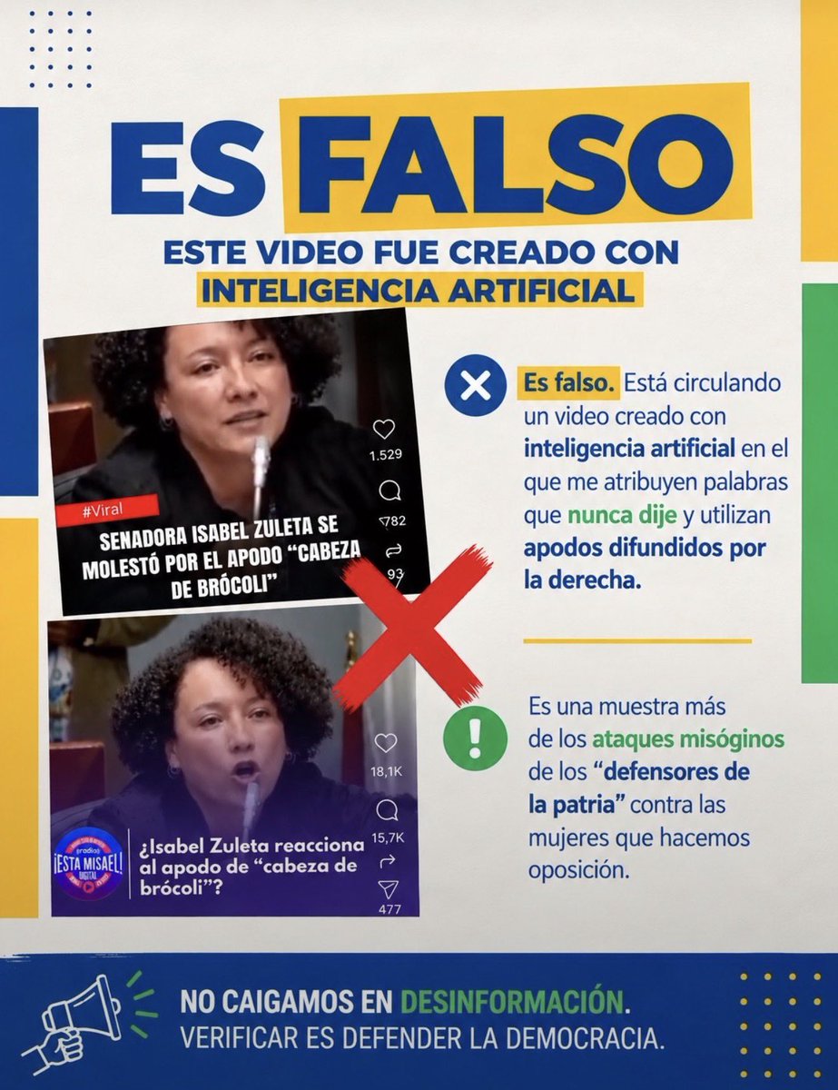 Ballesteros_LF's tweet photo. A la senadora Isabel Zuleta quieren atacarla poniéndole en la boca, mediante inteligencia artificial, palabras que NUNCA dijo.

Desde nuestra bancada rechazamos esta forma de hacer política: fabricar mentiras para destruir al contradictor.

Hoy es Isabel. Mañana puede ser cualquiera.

La democracia se defiende también enfrentando la mentira y la manipulación. Toda nuestra solidaridad con @ISAZULETA.