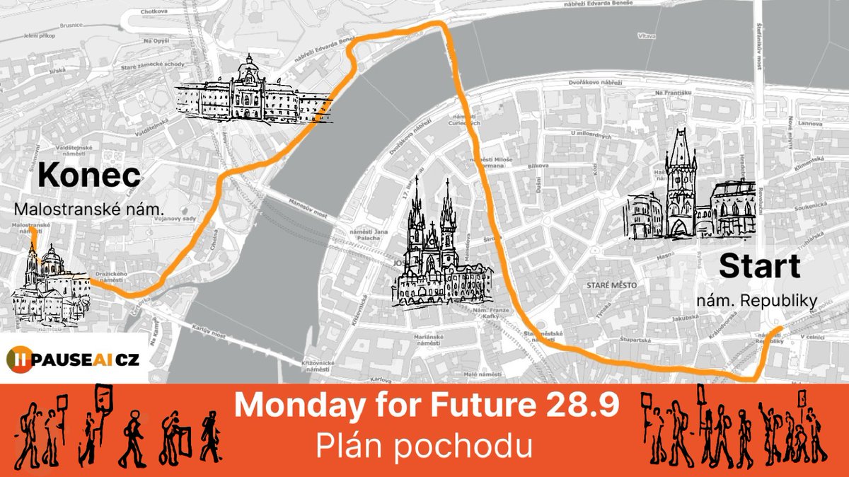 PauseaiC48279's tweet photo. Již zítra se uvidíme na náměstí Republiky. Poslední měsíc rozhýbal momentum AI safety legislativy, tak ho pojďme udržet!
Svět se probouzí tak buďte u toho.
#mondayforfuture #pauseai #demonstrace #praha https://t.co/Bl39qaZtbf