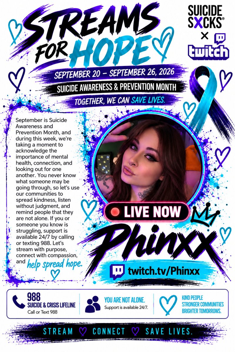 Phinxx__'s tweet photo. This month is a rough one I know for many, we are fundraising for Suicide Sucks until the end of the month! The goal is $300! 
We are playing some Somnius on stream and possibly Elden Ring on stream today! ❣️
Don't be the reason someone skips a meal or is up all night crying ❤️‍🩹
https://t.co/jkPJQrHFIC