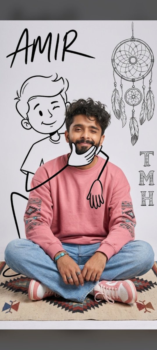Photoreal person beside cartoon doodle