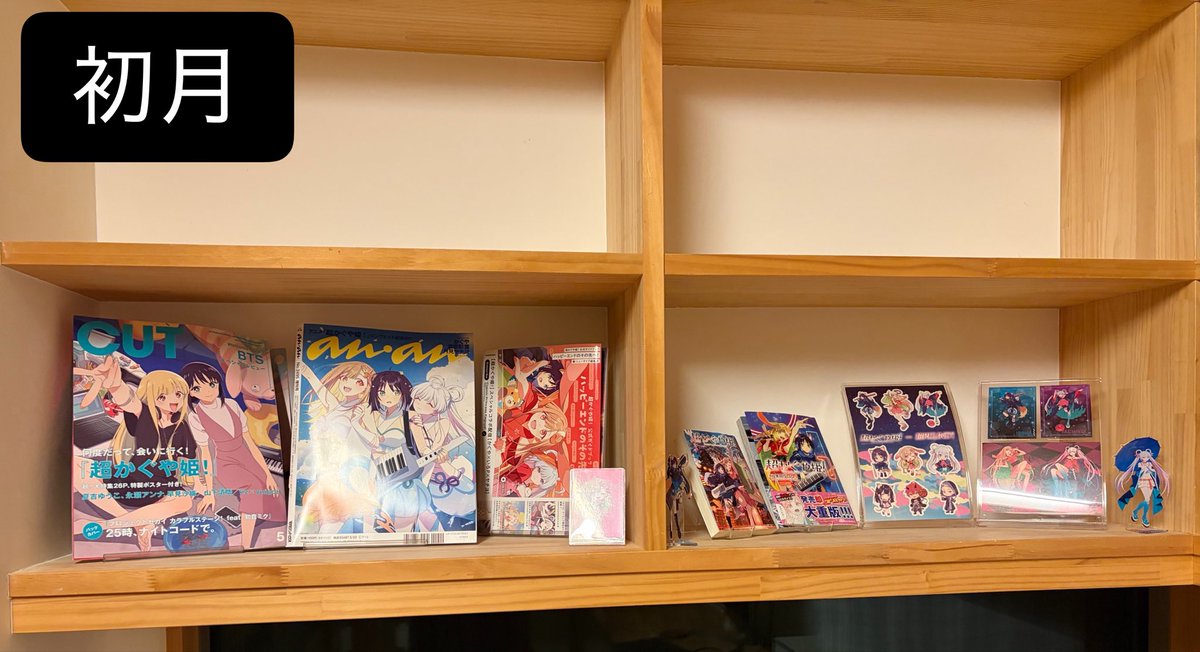 KiaraCPK2026's tweet photo. アニメと縁遠い世界から超かぐや姫に脳を焼かれていらした皆様へ:

これまで一度たりともアニメグッズや同人誌に課金してこなかった一般社会人男性が、4ヶ月でこうなりました。
ぜひご笑覧ください。 https://t.co/O8hLs7iQS1