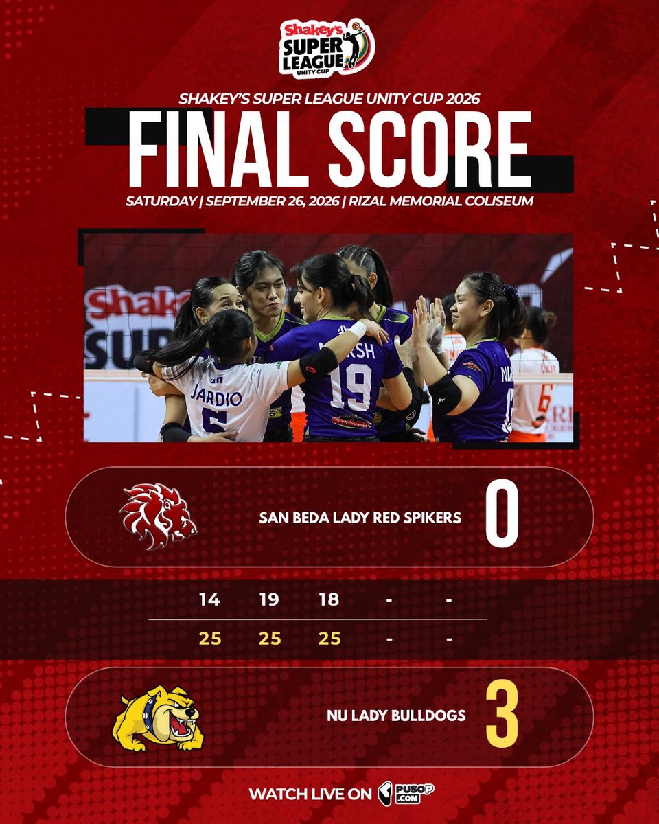 ShakeysLeague's tweet photo. THE ROAD TO FIVE BEGINS.
The NU Lady Bulldogs open their bid for a fifth straight championship with a strong start, sweeping the San Beda Lady Red Spikers in straight sets.
#ShakeysSuperLeague #SSLUnityCup https://t.co/JErvE6BsU1