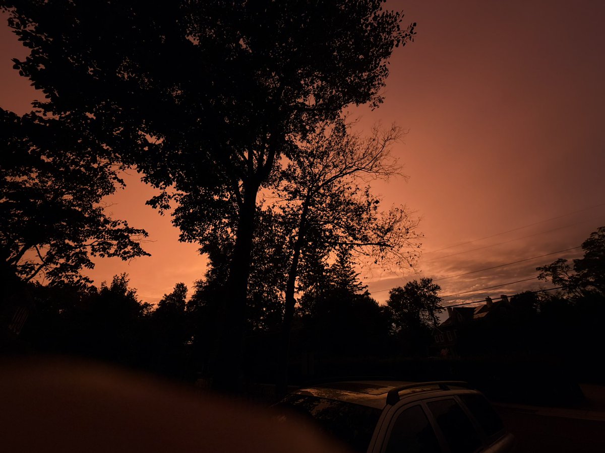 nasin's tweet photo. Friday evening as the nor’easter approached, we were watching TV and suddenly all the windows facing west filled with bright orange light. It was creepy and beautiful.

We went outside. The clouds in the west were acting like a giant reflector, spreading warm light from the setting sun across the sky.

Meanwhile, rain was already falling to the east, so the same setting sun was producing rainbows in the backyard!
